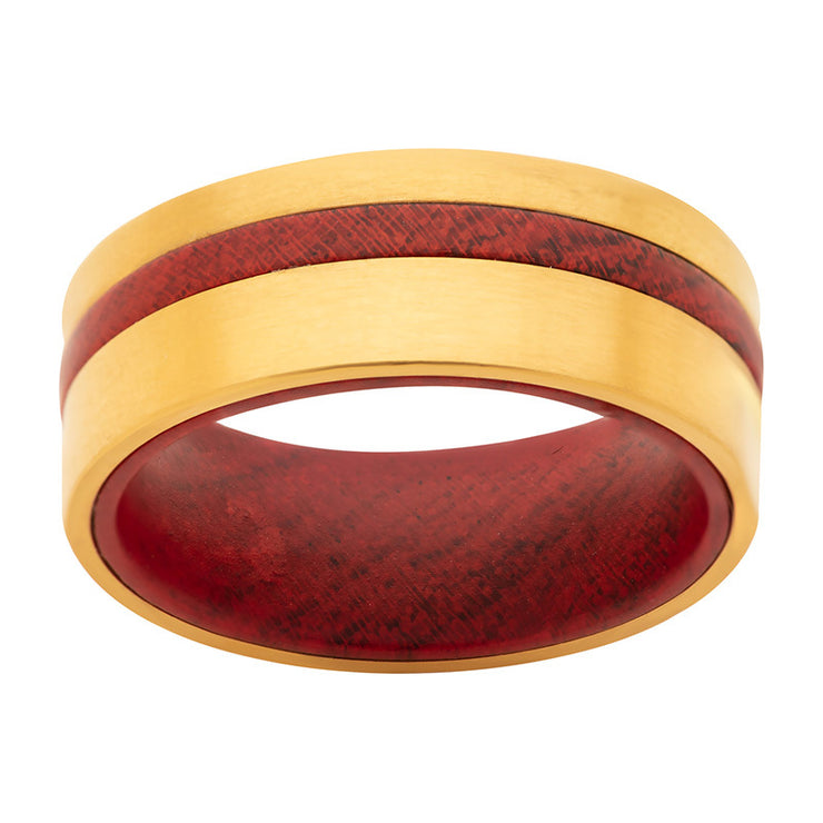 18Kt Gold IP Redwood Inlay Ring