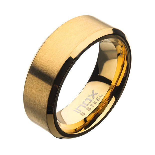 8mm Matte Finish 18Kt Gold IP Steel Beveled Comfort Fit Ring