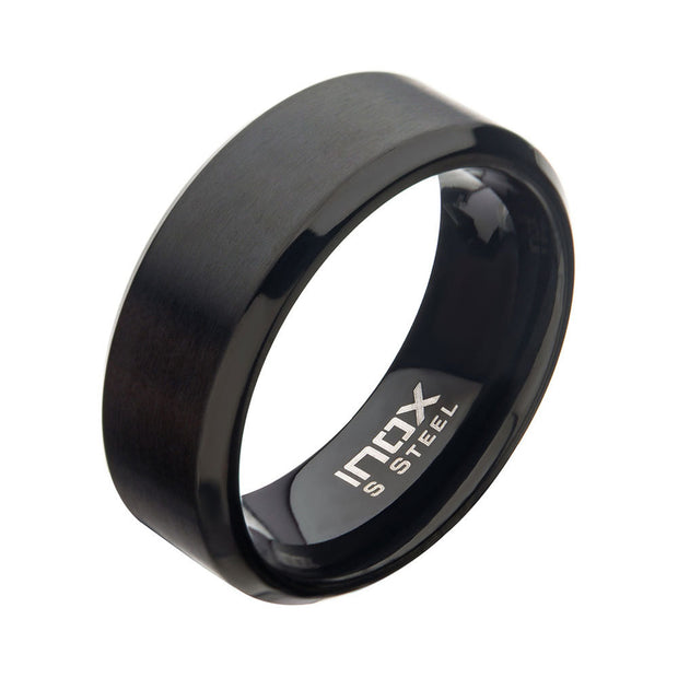 8mm Matte Finish Black IP Steel Beveled Comfort Fit Ring