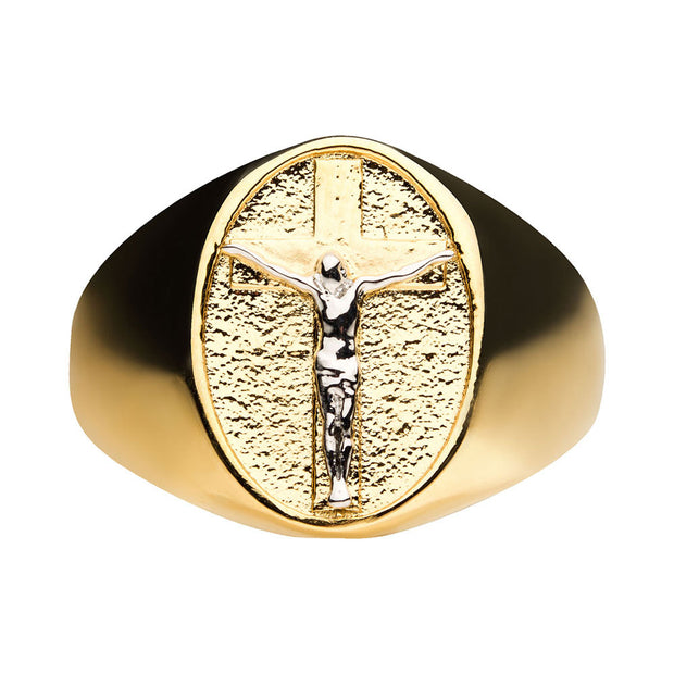 18Kt Gold IP with Silver IP Jesus Inlay Ring