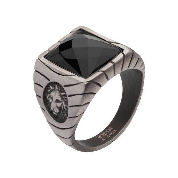 Matte Finish Gun Metal IP with African Lion Sigil & Faceted Black Agate Stone Signet Ring