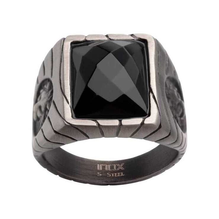 Matte Finish Gun Metal IP with African Lion Sigil & Faceted Black Agate Stone Signet Ring