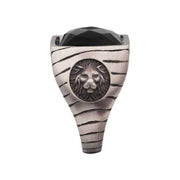 Matte Finish Gun Metal IP with African Lion Sigil & Faceted Black Agate Stone Signet Ring