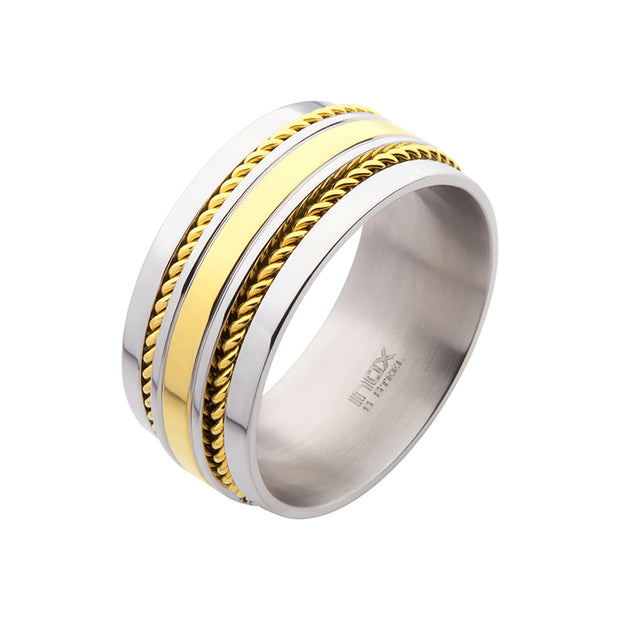 18Kt Gold IP Stainless Steel Double Rope Inlay Comfort Fit Two-tone Ring