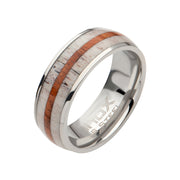 Stainless Steel Deer Antler Sapele Wood Inlay Stag Comfort Fit Ring