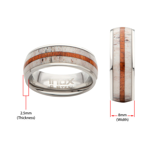 Stainless Steel Deer Antler Sapele Wood Inlay Stag Comfort Fit Ring