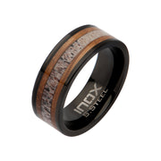 Black IP Stainless Steel Deer Antler Sapele Wood Inlay Stag Comfort Fit Ring