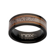 Black IP Stainless Steel Deer Antler Sapele Wood Inlay Stag Comfort Fit Ring