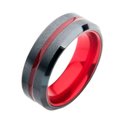 Red Aluminum Inlay Black IP Steel Beveled Comfort Fit Ring