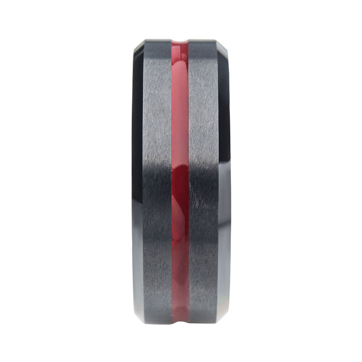 Red Aluminum Inlay Black IP Steel Beveled Comfort Fit Ring