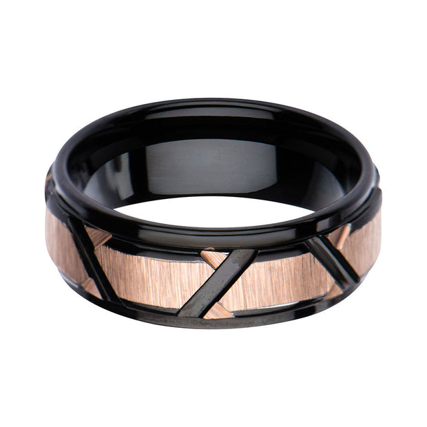 Rose Gold IP & Black IP Patterned Design Polished Ring