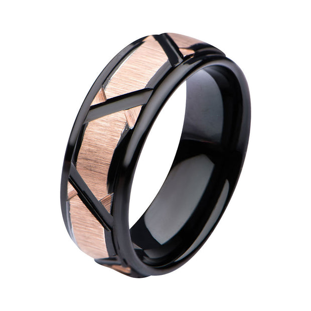 Rose Gold IP & Black IP Patterned Design Polished Ring