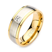 Steel & Gold IP with Clear CZ Polished Ring