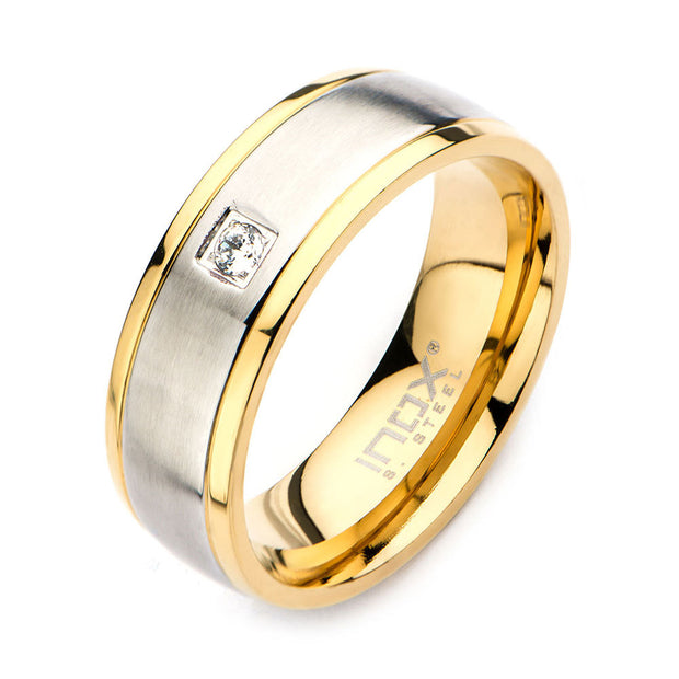 Steel & Gold IP with Clear CZ Polished Ring