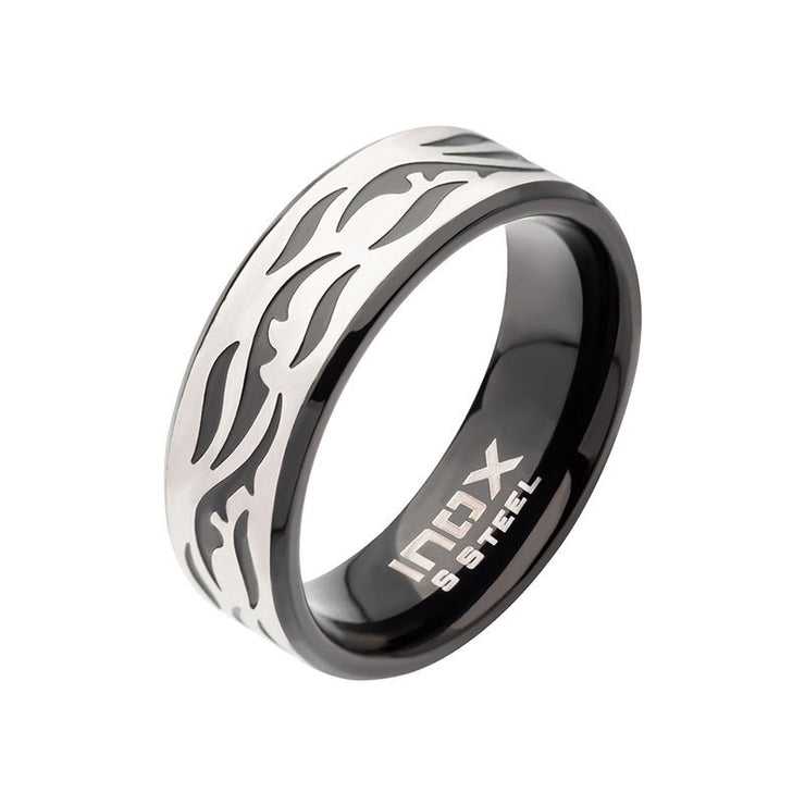 Black IP Steel with Tribal Cut Out Design Comfort Fit Ring