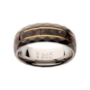 Gun Metal IP Steel Matte Finish Dinosaur Bone Inlay & Thin 18K Gold IP Lines Comfort Fit Ring