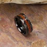 Black IP Steel Red Dinosaur Bone Inlay Comfort Fit Ring