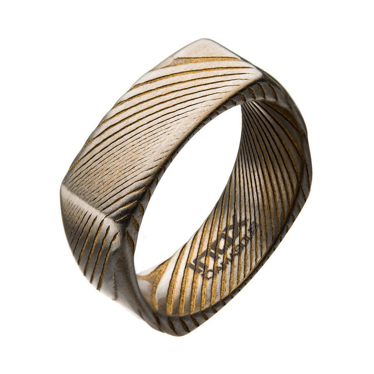 Damascus 8mm Matte Gold IP Square Ring