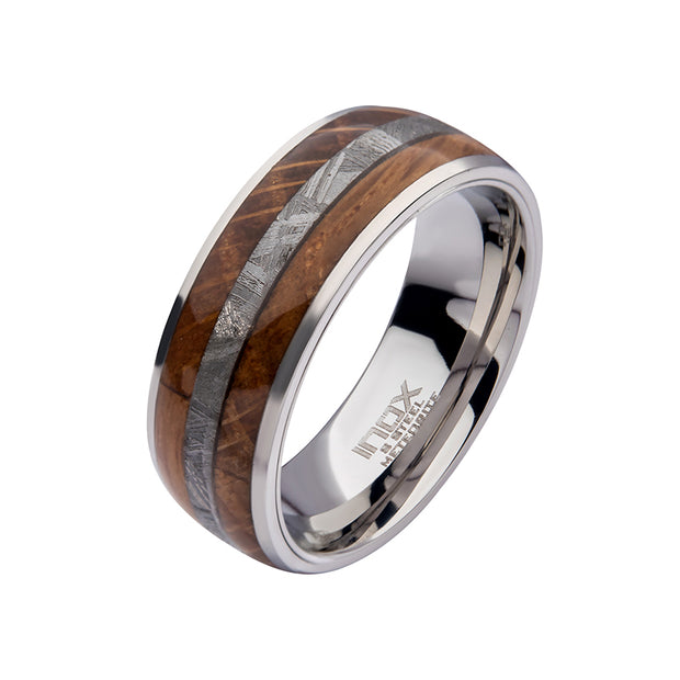 8mm Wood & Meteorite Inlay Steel Comfort Fit Ring