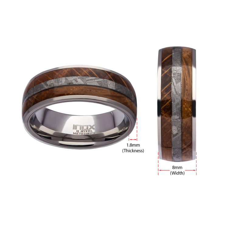 8mm Wood & Meteorite Inlay Steel Comfort Fit Ring