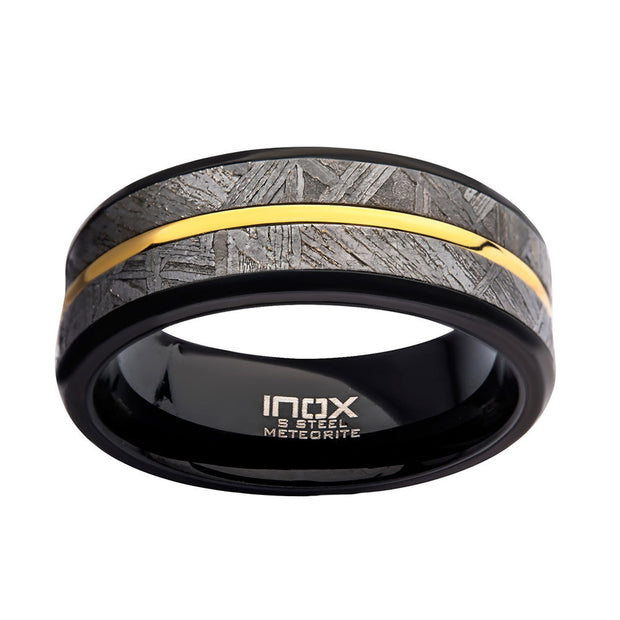 8mm Gold IP & Meteorite Inlay Black IP Comfort Fit Ring