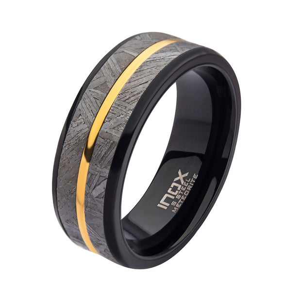 8mm Gold IP & Meteorite Inlay Black IP Comfort Fit Ring