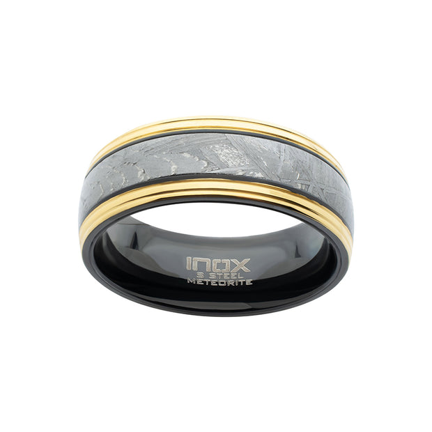 18Kt Gold IP Steel Edge Black IP Meteorite Ring