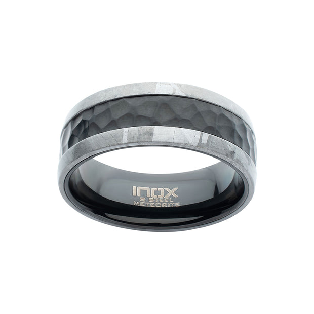 Meteorite Edge Black IP Steel Hammered Ring