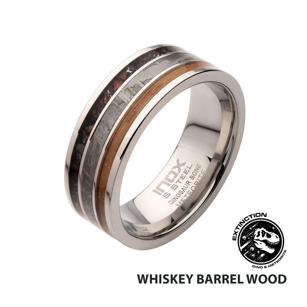 Matte Finish Black Dinosaur Bone, Meteorite & Whiskey Barrel Wood Inlay Comfort Fit Ring