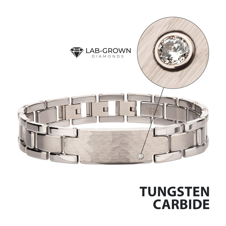 Genuine Lab-Grown Diamond on Tungsten Carbide Hammered ID Sizeable Link Bracelet