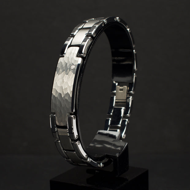 Genuine Lab-Grown Diamond on Tungsten Carbide Hammered ID Sizeable Link Bracelet