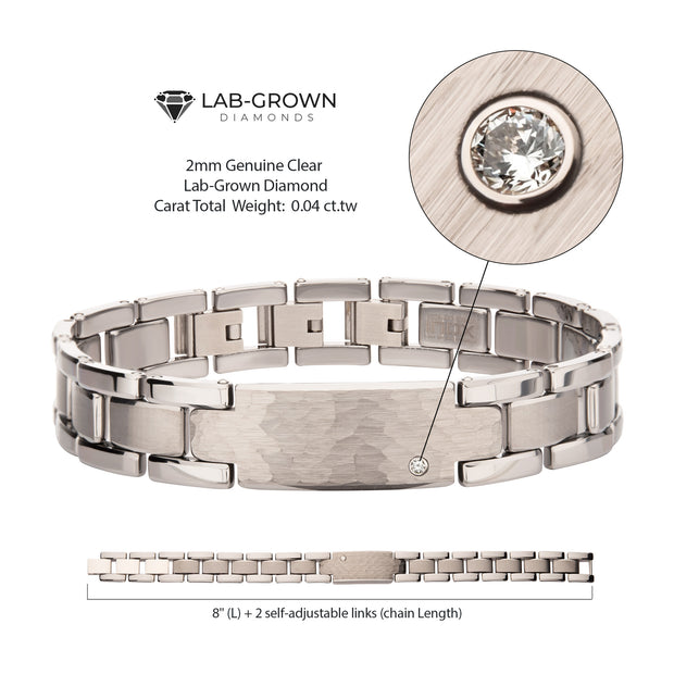 Genuine Lab-Grown Diamond on Tungsten Carbide Hammered ID Sizeable Link Bracelet