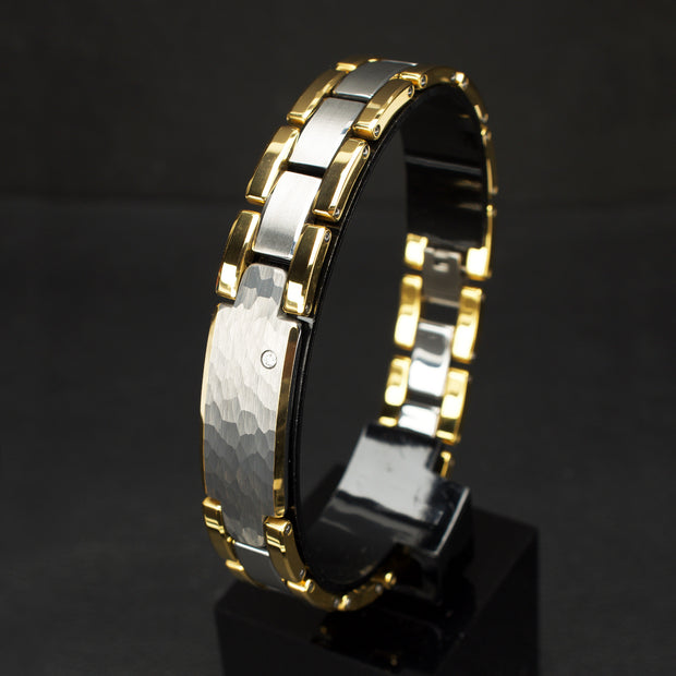 Genuine Lab-Grown Diamond on 18Kt Gold IP Tungsten Carbide Hammered ID Sizeable Link Bracelet