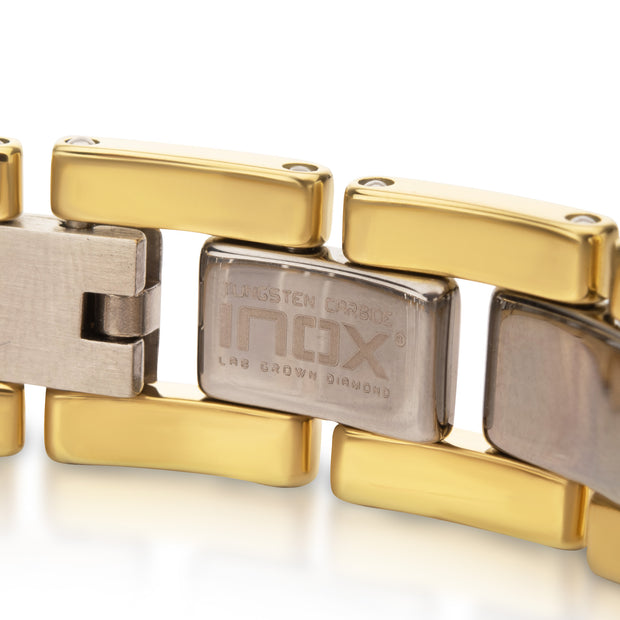 Genuine Lab-Grown Diamond on 18Kt Gold IP Tungsten Carbide Hammered ID Sizeable Link Bracelet