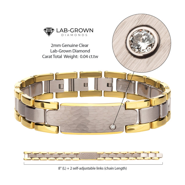 Genuine Lab-Grown Diamond on 18Kt Gold IP Tungsten Carbide Hammered ID Sizeable Link Bracelet