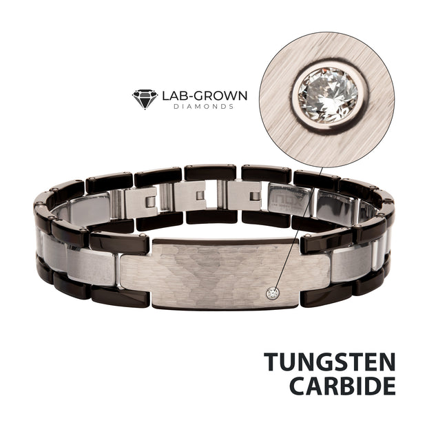 Genuine Lab-Grown Diamond on Black IP Tungsten Carbide Hammered ID Sizeable Link Bracelet