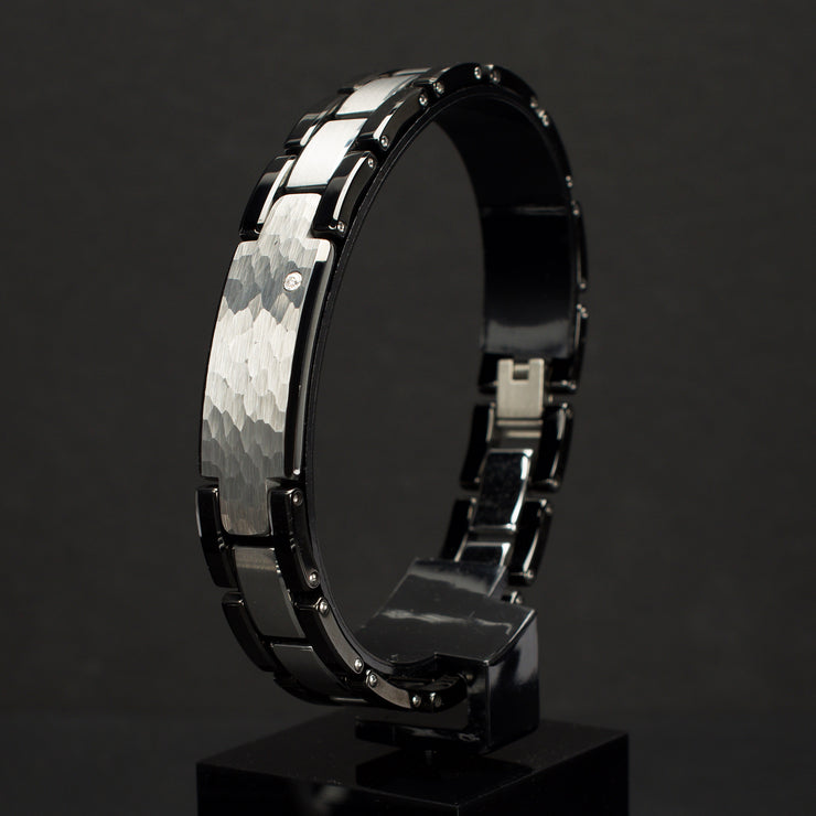 Genuine Lab-Grown Diamond on Black IP Tungsten Carbide Hammered ID Sizeable Link Bracelet