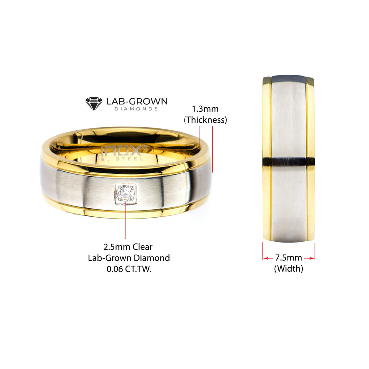 18Kt Gold IP Steel Two Tone Solitaire Accented Clear Lab-Grown Diamond Comfort Fit Ring