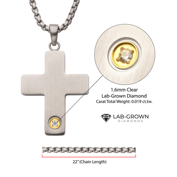 1.6mm Genuine Clear Lab-Grown Diamond on Matte Finish Steel Engravable Compact Cross Vulcan Pendant