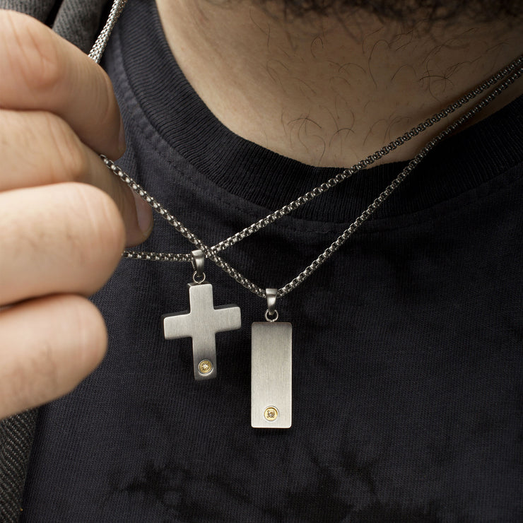 1.6mm Genuine Clear Lab-Grown Diamond on Matte Finish Steel Engravable Compact Cross Vulcan Pendant