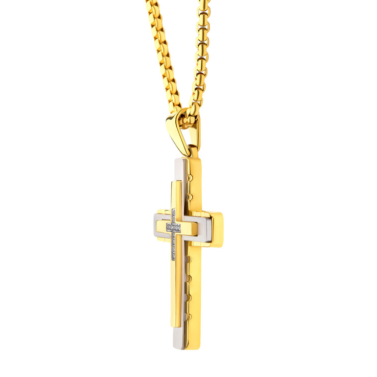 18Kt Gold IP Steel CNC Set Lab-Grown Diamond Layered Cross Pendant