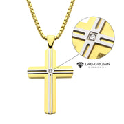 18Kt Gold IP Steel Lab-Grown Diamond Thin Line Layered Cross Pendant