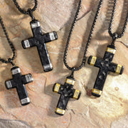 Matte Finish Black IP Carved Steel Large Cross Pendant with 18Kt Gold IP accents & Lab-Grown Diamonds