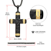 Matte Finish Black IP Carved Steel Large Cross Pendant with 18Kt Gold IP accents & Lab-Grown Diamonds