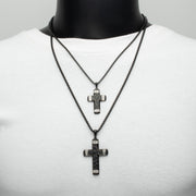 Matte Finish Black IP Carved Steel Large Cross Pendant with steel accents & Lab-Grown Diamonds