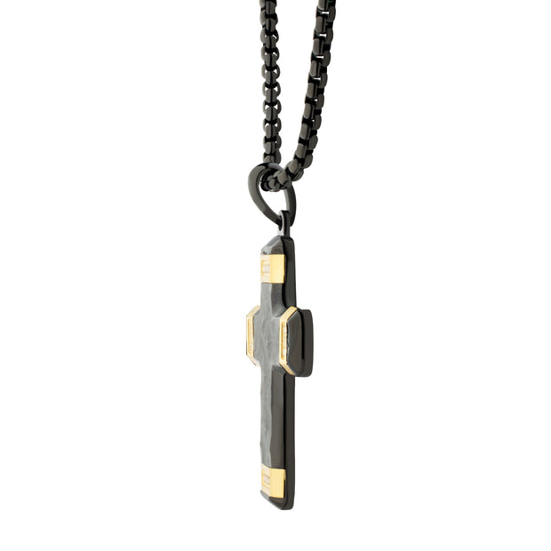 Matte Finish Black IP Carved Steel Small Cross Pendant with 18Kt Gold IP accents & Lab-Grown Diamonds