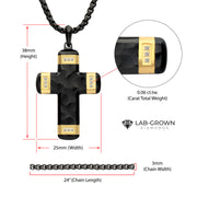 Matte Finish Black IP Carved Steel Small Cross Pendant with 18Kt Gold IP accents & Lab-Grown Diamonds