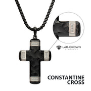 Matte Finish Black IP Carved Steel Small Cross Pendant with steel accents & Lab-Grown Diamonds