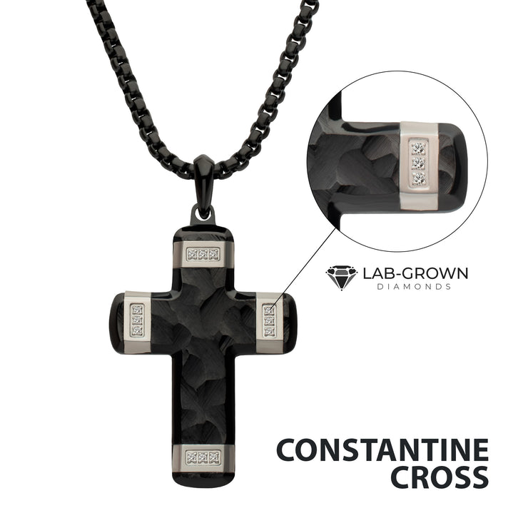 Matte Finish Black IP Carved Steel Small Cross Pendant with steel accents & Lab-Grown Diamonds