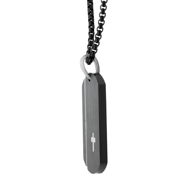 Black IP Steel Dog Tag Pendant with Solitaire Accented Clear Lab-Grown Diamond Cross Inlay